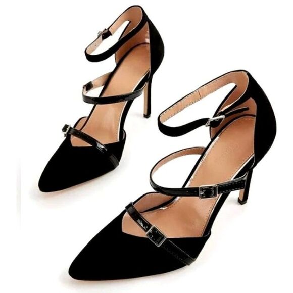 Coutgo Black Strappy Pointed Toe Pumps Heels Women's Size‎ 6 New With Box - Picture 1 of 7